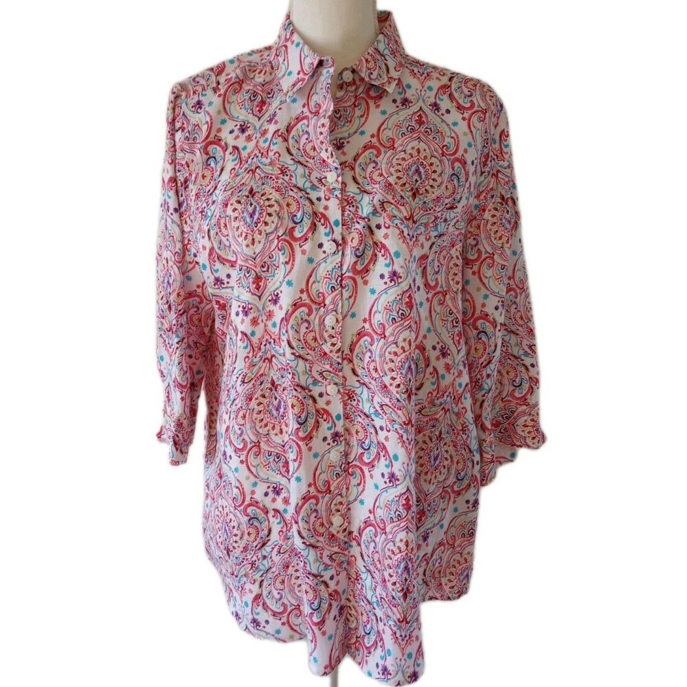 Chico's No Iron Linen Shirt Button Front Pink White Size 2P Large Petite Cruise